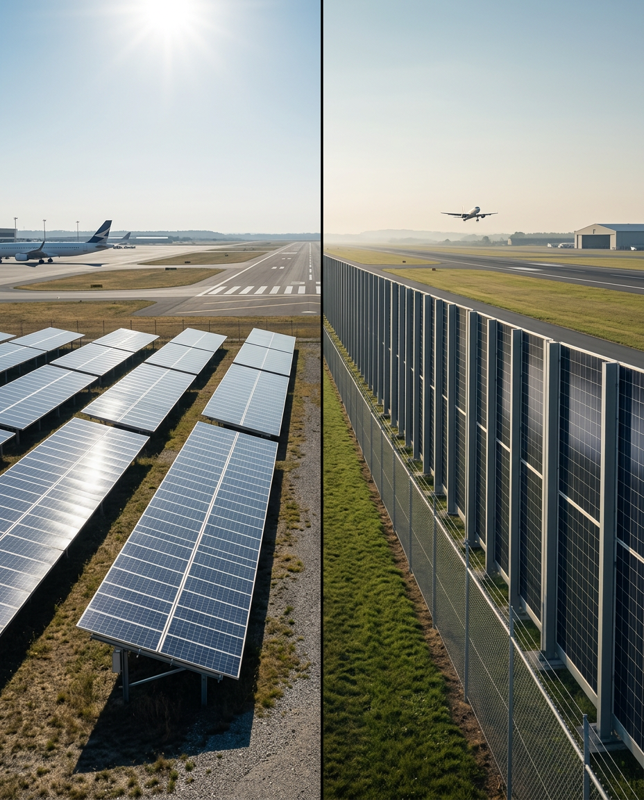 Side-by-side comparison: conventional tilted ground-mount solar arrays next to runway (left) versus vertical bifacial panels integrated into airport perimeter infrastructure (right)