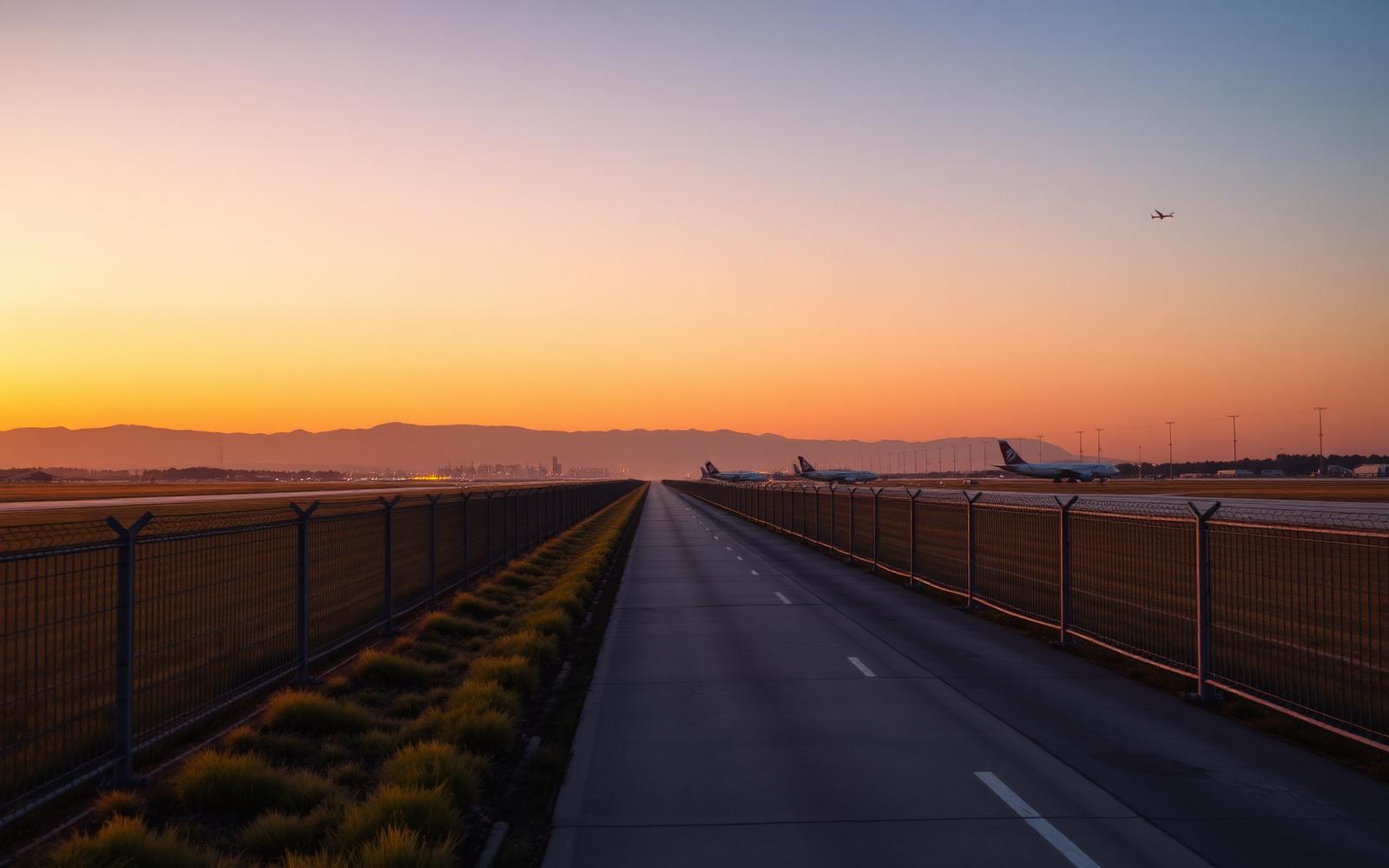 Airport perimeter fence line along an active runway at dusk